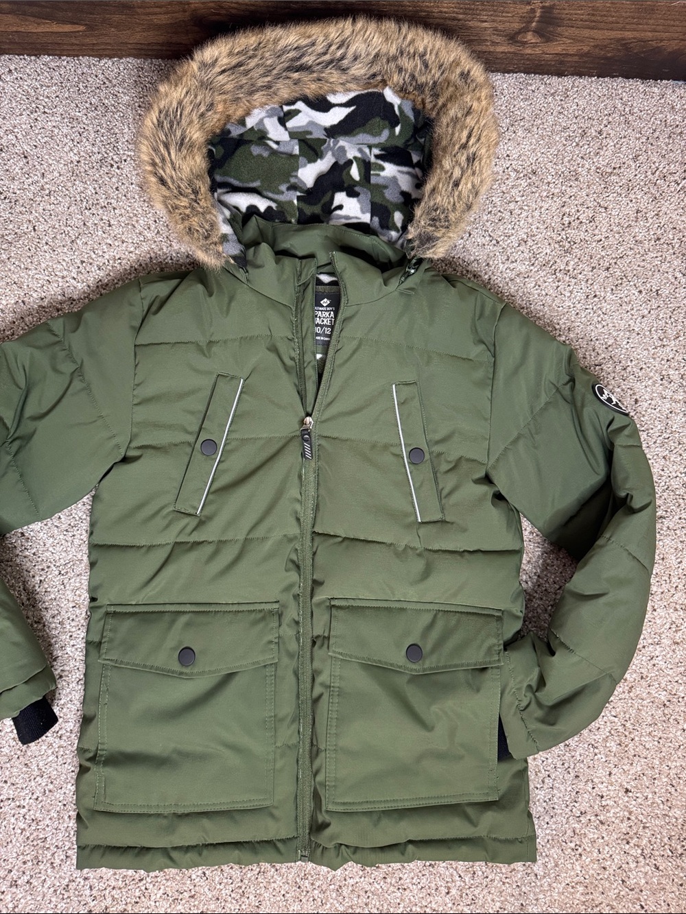 Kids Olive Green Parka Jacket with Faux Fur Trimmed Camo Lined Removable Hood